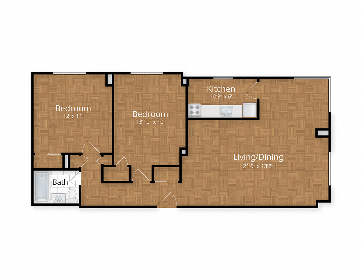 Floor plan for 2 beds, 1 bath, 948 sqft